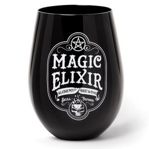 Alchemy Gothic Magic Elixir Pentagram Wiccan Black Glass Stemless Wineglass NIB